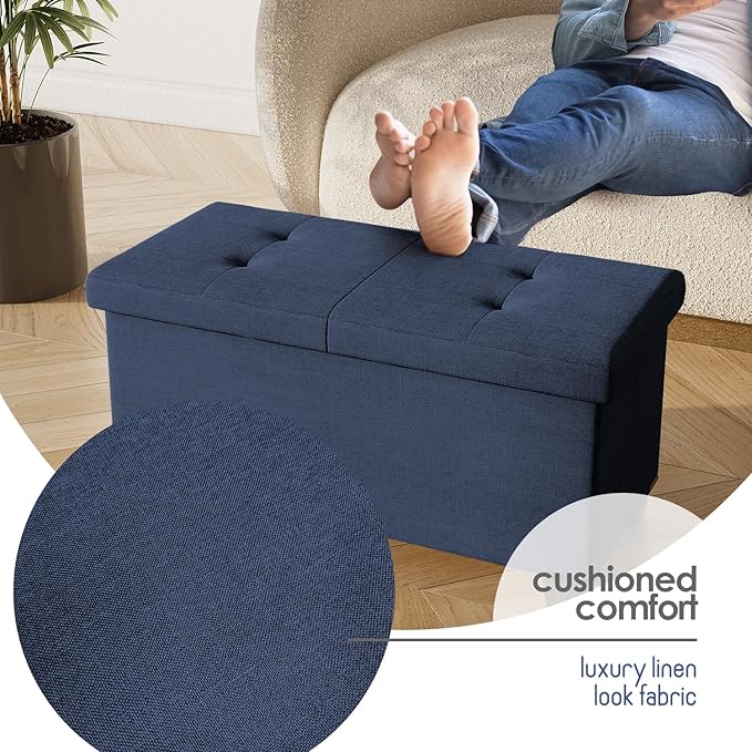 STORAGEBUD Storage Ottoman Bench with Bins, 30-in Storage Bench for Bedroom End of Bed, Folding Foot Rest Ottoman for Living Room Max 660lbs, Fabric Ottomans, Blue