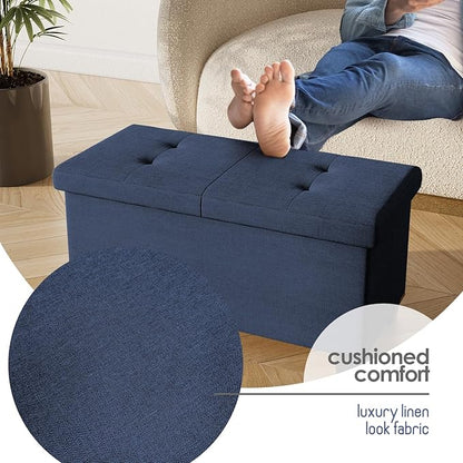 STORAGEBUD Storage Ottoman Bench with Bins, 30-in Storage Bench for Bedroom End of Bed, Folding Foot Rest Ottoman for Living Room Max 660lbs, Fabric Ottomans, Blue