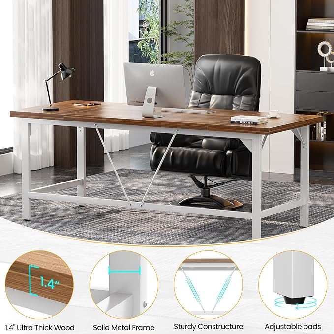 Unikito 70.8 Inch Extra Long Computer Desks, Heavy Duty Large Office Executive Desk, Sturdy 2 Person Desk, Premium Thick Study Writing Table Computer Table for Home Office Workstation, Rustic/White