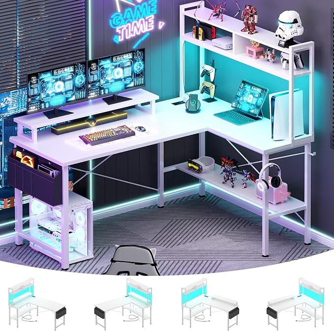 Aheaplus L Shaped Gaming Desk with Power Outlets & LED Lights, Small L- Shaped Desk Computer Corner Desk with Monitor Stand & Storage Shelf, Home Office Desk Writing Desk with Storage Bag, White