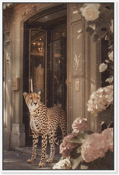 Art Remedy Cheetah at the Store Canvas Fashion Designer Wall Art, White Frame, 36" x 54"