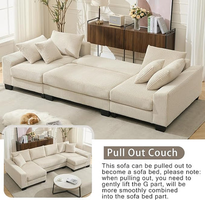 Symmetrical U Shaped Sectional Sofa Convertible Pull Out Sleeper Sofabed with Double Chaise Daybed , Corduroy Upholstered U Shaped Lounge Sofa Couch Bed w/ Throw Pillows for Living Room Apartment