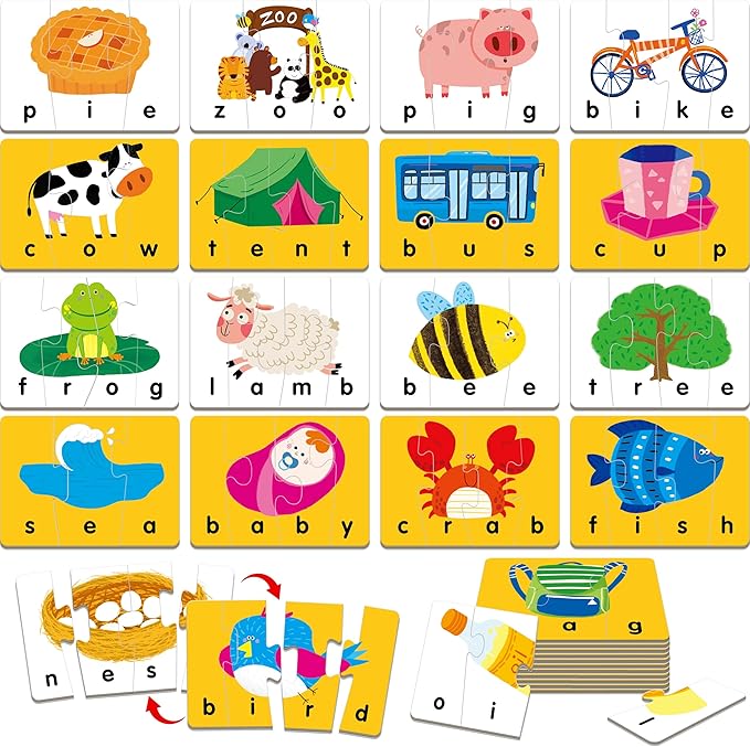 Self-Correcting Spelling Puzzles, Double-Sided Three and Four-Letter Word Spelling Cards with Picture Matching, 48 First Words Learning for Kindergarten Readiness, Preschool Ages 4+