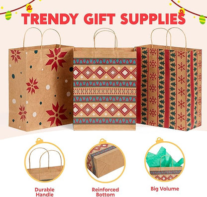 JOYIN 24 PCS Christmas Kraft Gift Bags Xmas Holiday Paper Goody Wrap Shopping Bags with Handles for Holiday Presents, Giant Gifts Decorations, Classrooms and Party Favors (10 x 13 x 5)