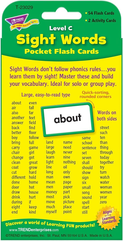 Trend Enterprises: Sight Words Level C Pocket Flash Cards, Great for Skill Building and Test Prep, 56 Two-Sided Cards Included, 108 Commonly-Used Words, for Ages 6 and Up