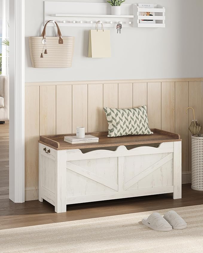 39.4" Storage Chest, Extra Large Storage Trunk with 2 Safety Hinges, Wooden Box Bench, Lift-Top Organizer Chest, Shoe Bench for Entryway, Bedroom, Living Room, White and Brown SB04514B