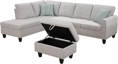 Ball & Cast 98" L Shaped Sectional Couch for Living Room with Chaise & Storage Ottoman,4 Seat Linen Upholstered Modular Sectional Sofa Set 3 PCS W/Cup Holder & Nailhead Trim,for Home,Office,Light Gray