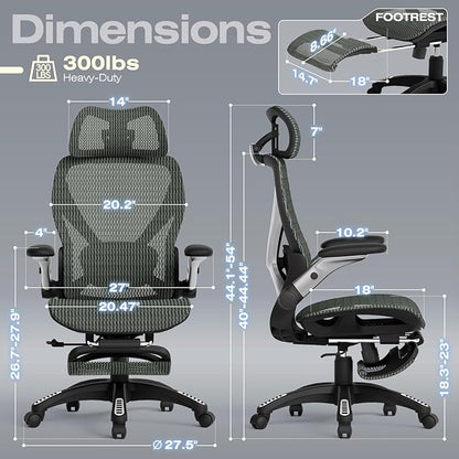 ELABEST X100 Ergonomic Office Chair with Footrest, Big and Tall Home Desk Chair with 5D Flip-Up Arms, Adjustable 3D Lumbar Support,High Back Rolling Computer Chair, Swivel Mesh Chairs (Forest Ranger)
