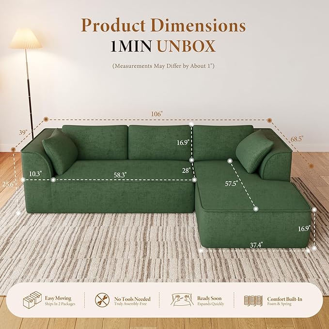 Vesgantti 106" Cloud Sectional Couch with Chaise, Deep Seat Modular Sectional Sofa Chenille Memory Foam Sofa Boneless Couches for Living Room Bedroom, No Assembly Required (Green, Right-Facing Chaise)