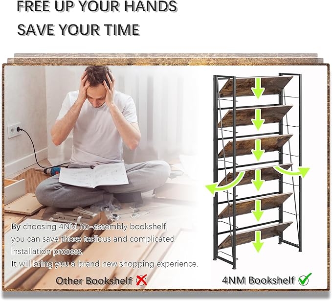 4NM No Assembly Folding Bookshelf, 6-Shelf 74" H Collapsible Foldable Bookcase Storage for Small Spaces, Rustic Brown and Black