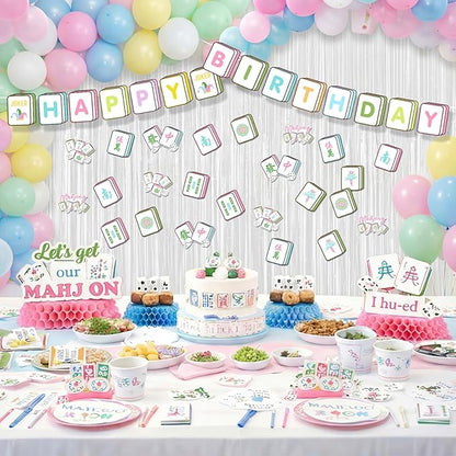 Epakh 39 Pcs Mahjong Birthday Party Decorations Includes 24 Pieces Paper Cards Decor 13 Pcs Happy Birthday Banner 2 Pieces Foil Fringe Curtain Backdrop for Photo Prop Themed Party Supplies