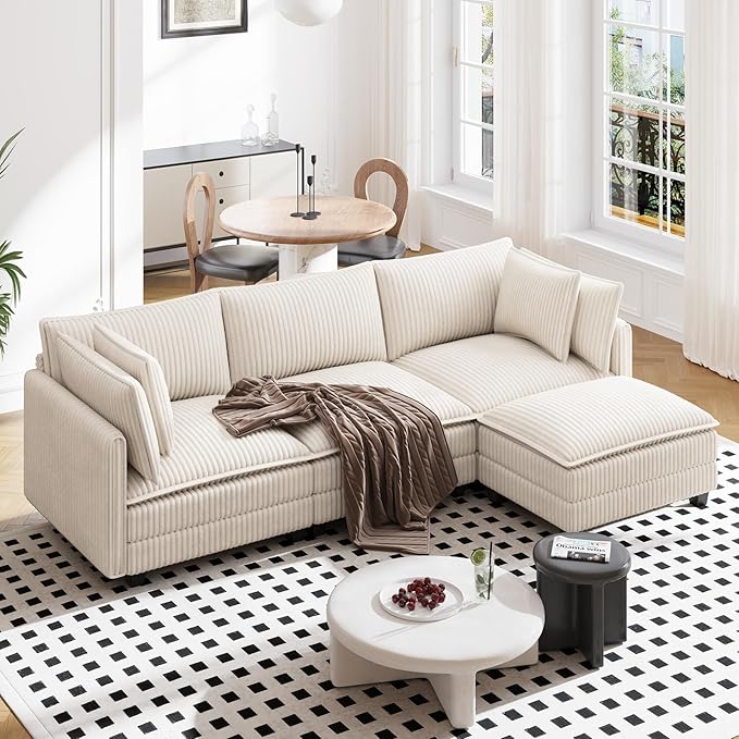 Vesgantti 109" L Shaped Cloud Sectional Couch, Comfy Corduroy Upholstered Modular Couches for Living Room, Modern 3 Seater Sectional Sofa with Ottoman Deep Seat, Beige
