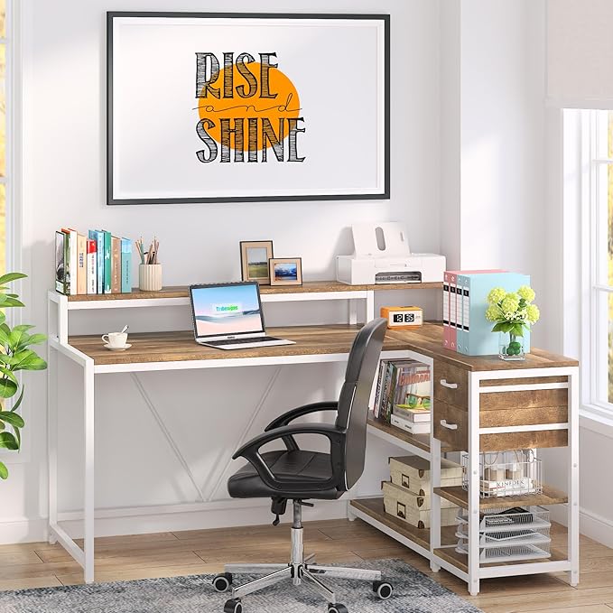 Tribesigns L Shaped Desk with Drawers and Monitor Stand, L Corner Desk with Storage Shelves, Beige Wooden PC Table for Samll Home Office