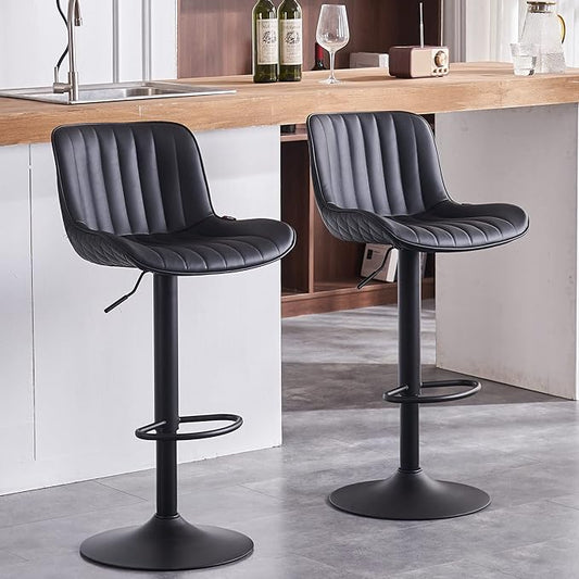 YOUNIKE Black Bar Stools Set of 2 Kitchen Counter Height Barstools Upholstered Swivel Modern Faux Leather Bar Chairs with Backs Adjustable High Breakfast Island Stool with Metal Leg