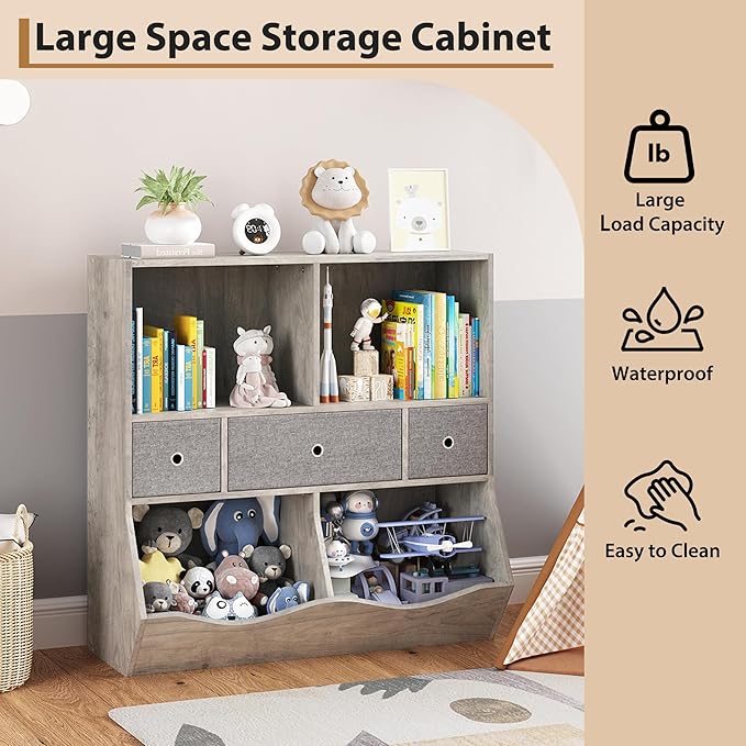 IDEALHOUSE 7-Cubby Large Kids Toy Storage Organizer, Children Wood Bookcase and Bookshelf, 3-Tier Toy Storage Cabinet with 3 Drawers for Hallway, Playroom, Living Room, School, 2 Set Gray