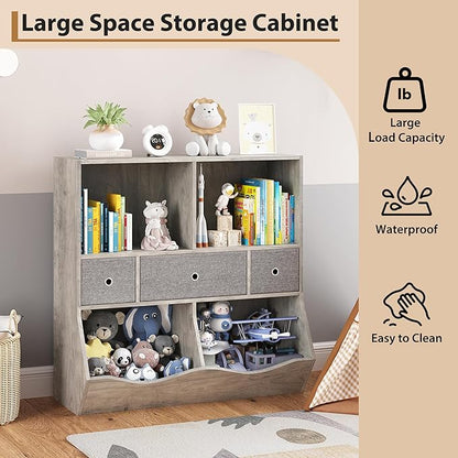 IDEALHOUSE 7-Cubby Large Kids Toy Storage Organizer, Children Wood Bookcase and Bookshelf, 3-Tier Toy Storage Cabinet with 3 Drawers for Hallway, Playroom, Living Room, School, 2 Set Gray