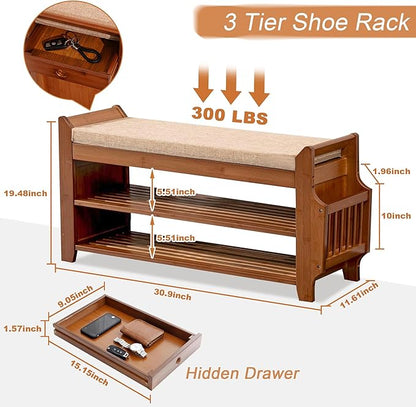 Shoe Storage Bench for Entryway, Bamboo Entryway Bench with Hidden Drawer and Side Brackets,2-Tier Shoe Rack Organizer for Entryway, Hallway,Bedroom and Bathroom