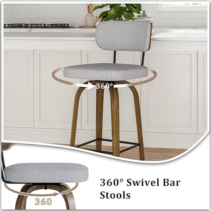 Swivel Counter Height Bar Stools with Back Set of 2, 26" Fabric Upholstered Kitchen Bar Stools with Wood Legs and Metal Footrest for Kitchen Island (Grey Fabric)