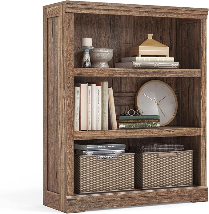LINSY HOME 3-Tier Bookcase Display Storage Shelves Farmhouse Bookshelf for Home Office, Living Room, Bed Room - Dark Brown