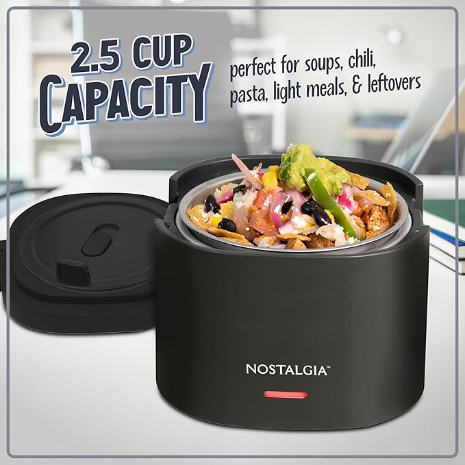 Nostalgia Portable 20-Ounce Electric Heated Lunch Box – Travel Size 2.5 Cup Capacity for Soup, Chili, and Leftovers – Leak Proof Silicone Sealed Lid, Foldable Carry Handle, Detachable Cord – Black