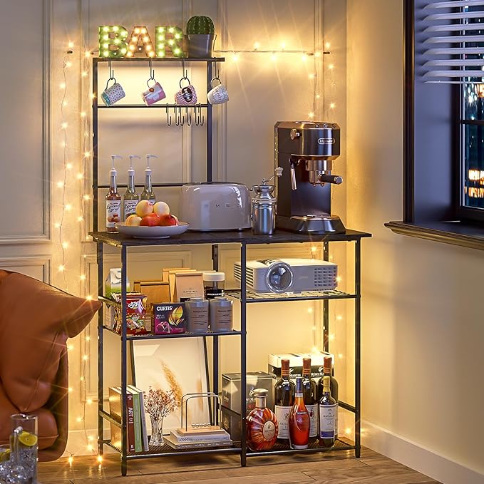 Baker's Rack for Kitchen with Storage, Microwave Stand with Adjustable Shelves, Kitchen Stand with 10 S Hooks, 6-Tier Coffee Bar Station, Kitchen Shelves for Spices, Pots, Gray