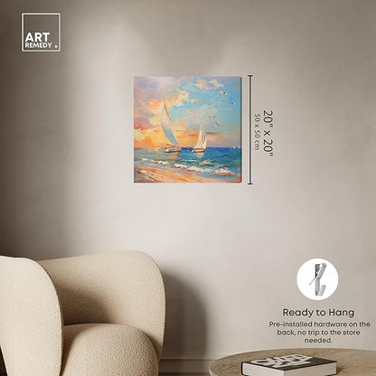 Art Remedy Sailboats In The Sunset Gallery Wrapped Sailing 1 Piece Canvas Wall Art, 20" x 20", Gallery Wrapped
