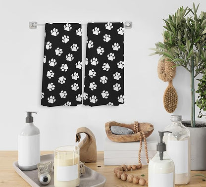 Dog Paws Kitchen and Dishcloths Set of 2, Black and White Hand Towels, Cute Paw Print Decorative Dish Towel, Gifts for Dog Lovers, 1624 Inch