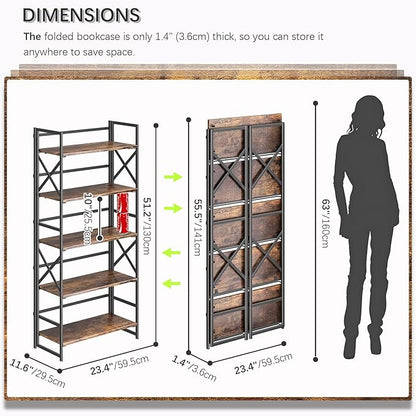 4NM 5 Tiers No Assembly Book Shelves, 51.2" H Folding Bookshelf Bookcase Open Industrial Foldable Shelves for Bedroom, Living Room, Home Office - Rustic Brown Black