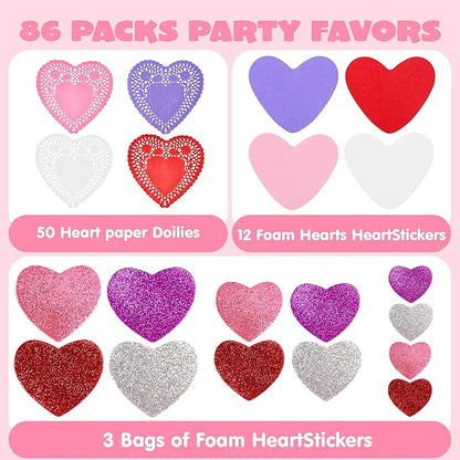 JOYIN 86 Pcs Valentines Day Heart Doilies Craft Gift Set with 50 Pcs Paper Doilies, 12 Foam Craft and 1 Bags of Glitter Foam Heart Stickers for Valentine's Day Party Tableware Decoration