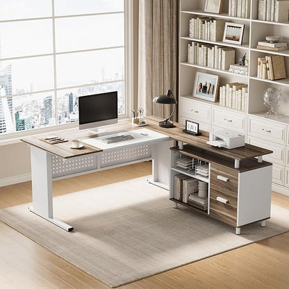 LITTLE TREE Large Computer Desk with File Cabinet, 63 Inch Executive Desk L Shaped Office Desk with Drawers and Storage Shelves, Business Furniture Desk Workstation for Home Office
