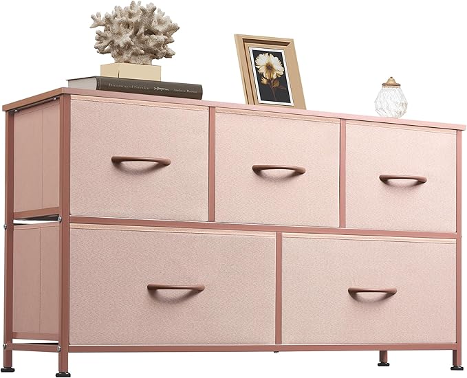 WLIVE Dresser for Bedroom with 5 Drawers, Wide Chest of Drawers, Fabric Dresser, Storage Organization Unit with Fabric Bins for Closet, Living Room, Hallway, Pink and Rose Gold