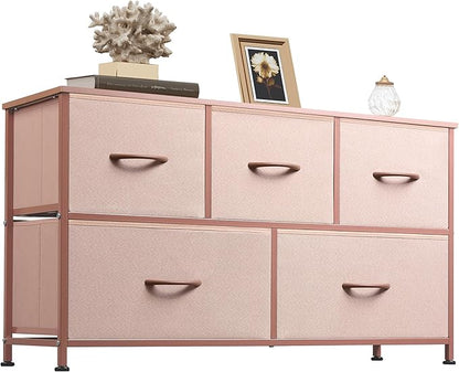 WLIVE Dresser for Bedroom with 5 Drawers, Wide Chest of Drawers, Fabric Dresser, Storage Organization Unit with Fabric Bins for Closet, Living Room, Hallway, Pink and Rose Gold
