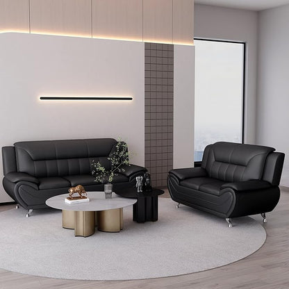 Container Furniture Direct Michael Modern Faux Leather Upholstered Stainless Steel Legs Living Room Sofa, Loveseat, Midnight
