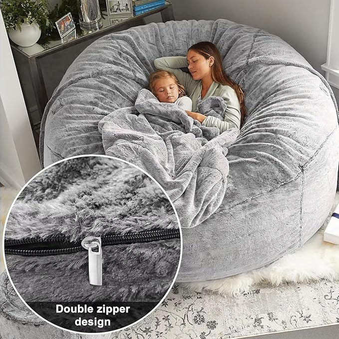 BCU 6FT Bean Bag Chair for Adults and Kids Without Filler Giant Stuffed Animal Storage Cover Soft Faux Fur Floor Chair Cover for Bedroom Living Room, Blue