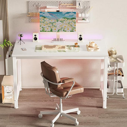Lufeiya White Computer Desk with Power Outlet, 47 inch Teen Study Table Home Office Work Writing Gaming Desks with Charging Station Outlets Built in, White