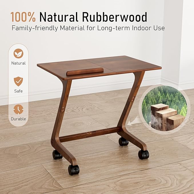 TV Tray Table with Casters, Solid Rubberwood End Tables, Sofa Side Table Couch Table Laptop Desk Removable Snack Tray for Coffee Bed Sofa Eating Writing Reading Living Room Bedroom, Dark Walnut