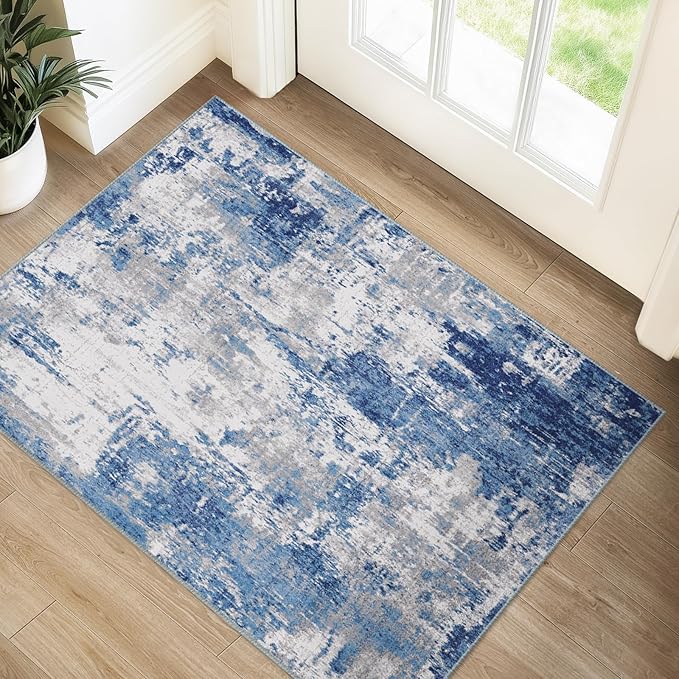 Washable Area Rugs 2'x3' Non-Slip Modern Abstract Soft for Living Room Entryway Bedroom Nursery, Print Pattern, Blue Grey Navy Gray