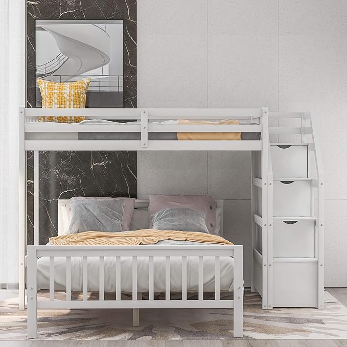 Twin Over Full Wood Loft Bed with Staircase,High Guardrails and Ladder-Handrails,Ladder W/ 3 Storage Grids,Bedroom Furniture for Children,Teens,Adults,White