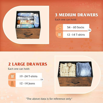 WLIVE Dresser for Bedroom with 5 Drawers, Long Fabric Dresser, Storage Drawer Unit with Fabric Bins for Closet, Hallway, Rustic Brown Wood Grain Print, Size L