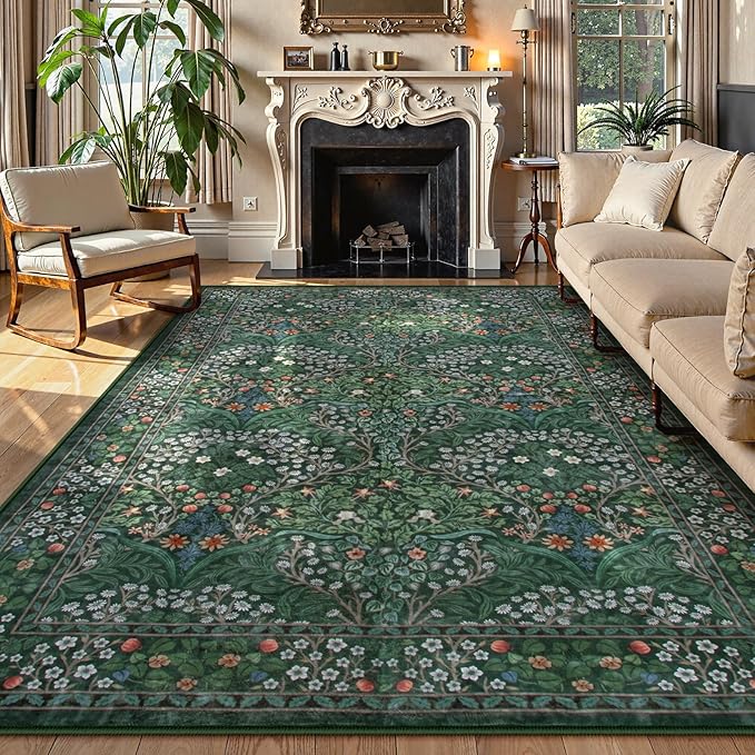 Lahome Floral Dark Green Area Rugs 8x10, Soft 8x10 Washable Rugs for Living Room Bedroom, Boho Non-Slip Forest Large Throw Carpet for Farmhouse Dining Room Office, Dark Green