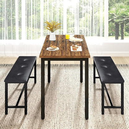 Rovibek Dining Room Table Bench Set for 4, Modern Space Saving Kitchen Table with with 2 Upholstered Benches & Adjustable Feet, Wooden Breakfast Table, 43", Brown