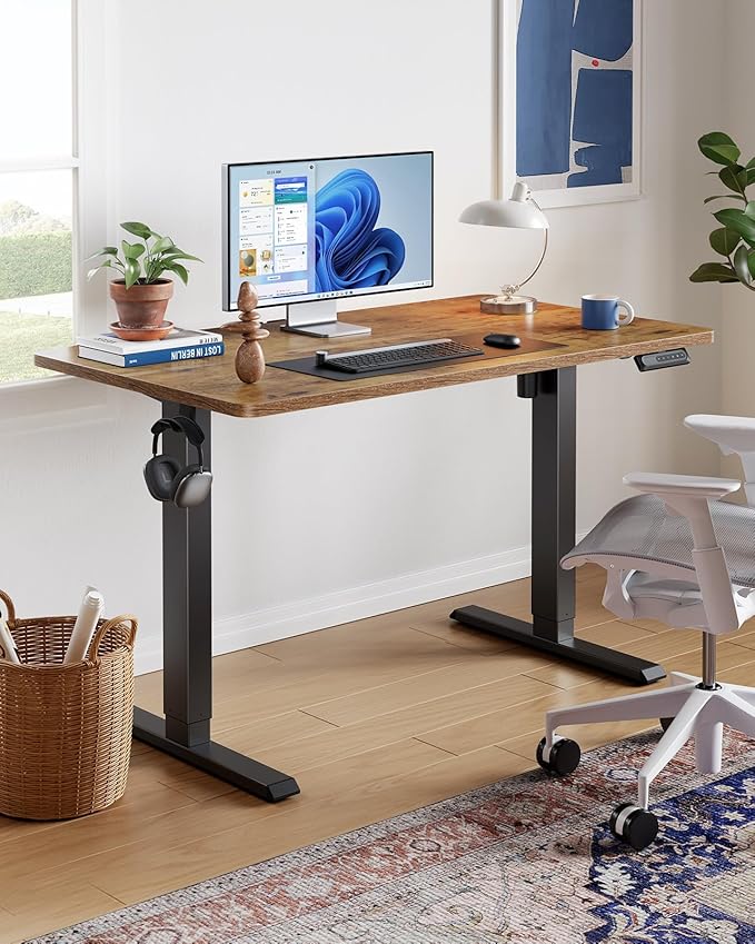 HUANUO 40" x 24" Electric Standing Desk Adjustable Height, 4 Memory Height Settings, Headphone Hook, Cable Manager, Sit Stand Up Desk for Home Office & Computer Workstation, Vintage Brown