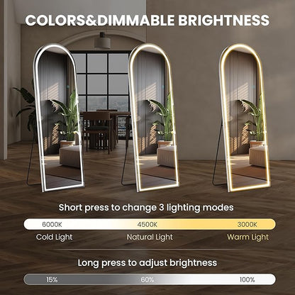 Sweetcrispy Arched Full Length Mirror with LED Lights, 63"x21" Lighted Floor Mirror with Dimming & 3 Color Lighting, Stand for Bedroom, Dressing Room
