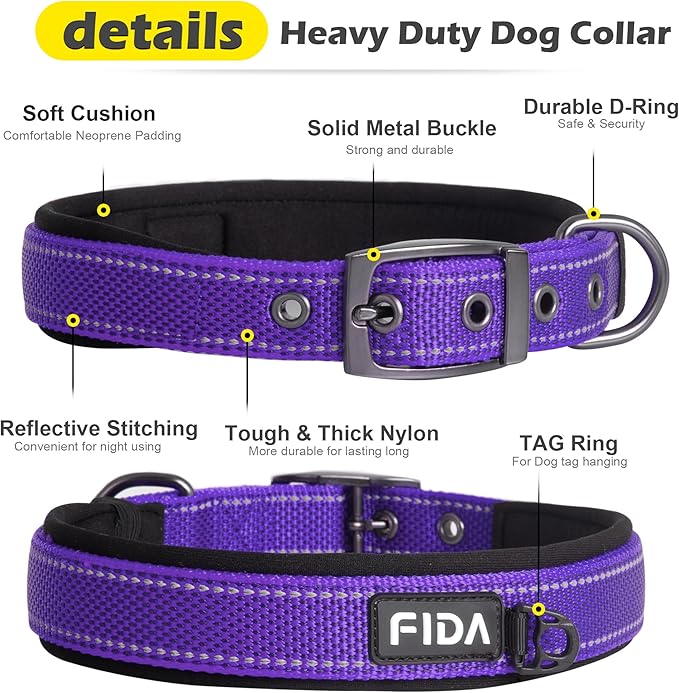 Fida Heavy Duty Dog Collar, Ultra Comfortable Soft Neoprene Padded, Adjustable Reflective Nylon Pet Collar with Durable Metal Belt Buckle for Small Breeds (S, Purple)