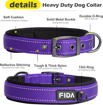 Fida Heavy Duty Dog Collar, Ultra Comfortable Soft Neoprene Padded, Adjustable Reflective Nylon Pet Collar with Durable Metal Belt Buckle for Small Breeds (S, Purple)