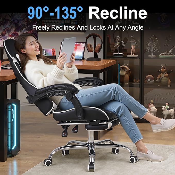 VECELO Ergonomic Gaming Chair with Footrest, Comfy Recliner Computer Chair, Swivel Seat, Height Adjustable, High Back PU Leather, Lumbar Support, Headrest for Adults, Black