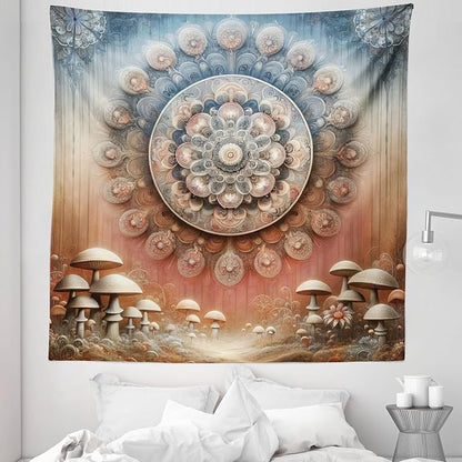 Ambesonne Hippie Tapestry Queen Size, Fantasy Vibes Mushroom Jungle with Oriental Vibes Mandal Print Peacock, Wall Hanging Bedspread Bed Cover Wall Decor, 88" X 88", Pale Ruby Blue Grey Ecru