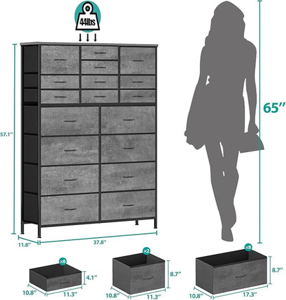 Chest of Drawers for Bedroom, Tall Gray Fabric Dresser with 18 Deep Drawers, Large Clothes Organizer Bin Vertical Storage Cabinet for Closet, Nursery, Office