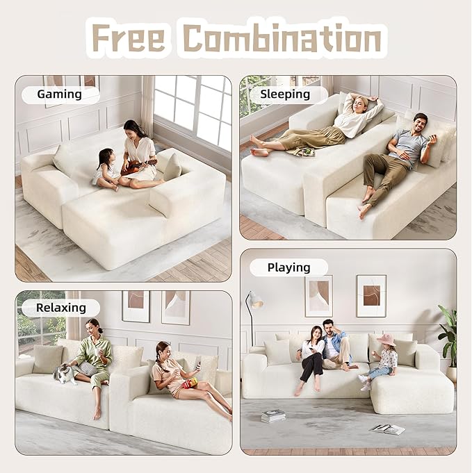 Cloud Sectional Couch, 104”L-Shape Oversized Sofa with Left Chaise Lounge, Modular Sleeper Couch with Pillows & Deep Seat, Rain Drop Velvet Fabric Compressed Sofa for Living Room, Beige