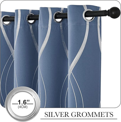 NICETOWN Bedroom Blackout Curtains Panels - Window Treatment Thermal Insulated Solid Grommet Blackout Wave Line Foil Print Design Curtains for Living Room (Stone Blue, Set of 2, 52 by 63 Inch)